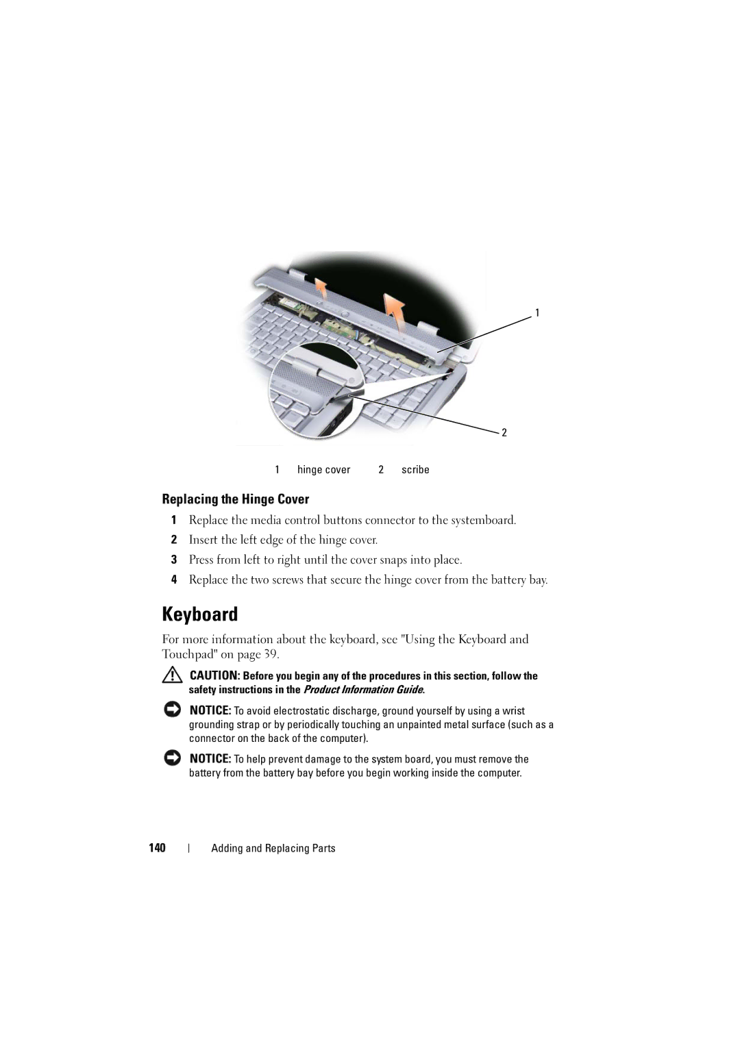 Dell 1525, 1526 owner manual Keyboard, Replacing the Hinge Cover, 140 