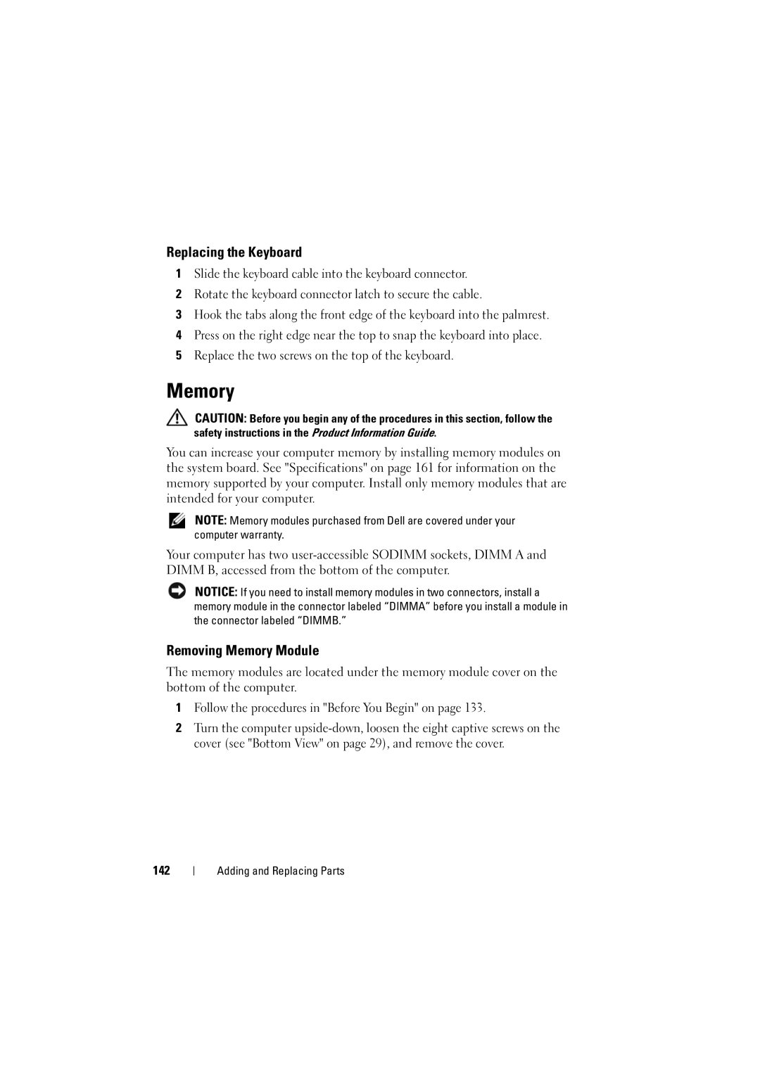 Dell 1525, 1526 owner manual Replacing the Keyboard, Removing Memory Module 