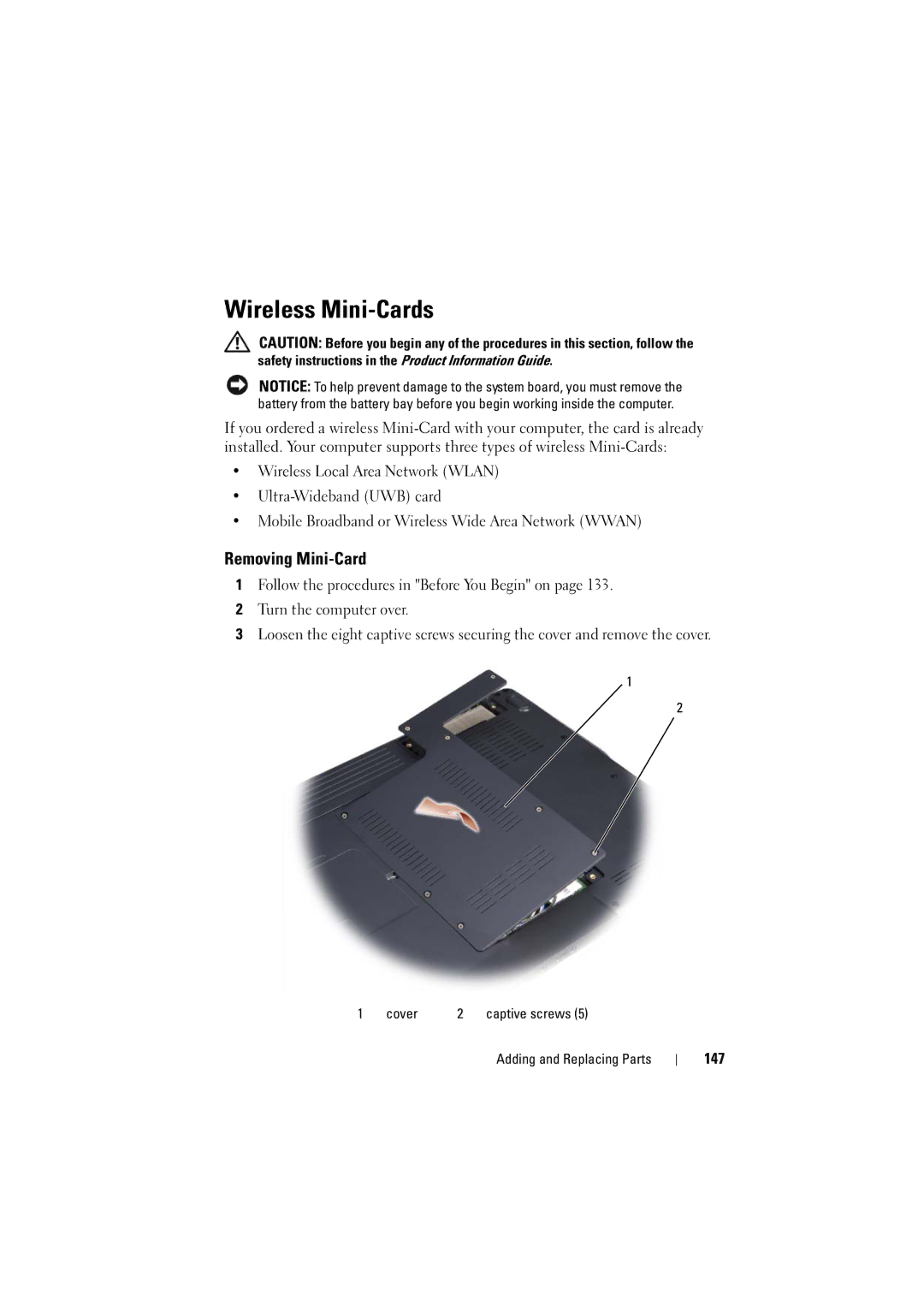 Dell 1526, 1525 owner manual Wireless Mini-Cards, Removing Mini-Card, 147 