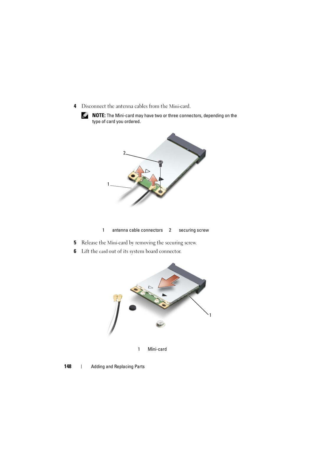 Dell 1525, 1526 owner manual Disconnect the antenna cables from the Mini-card, 148 