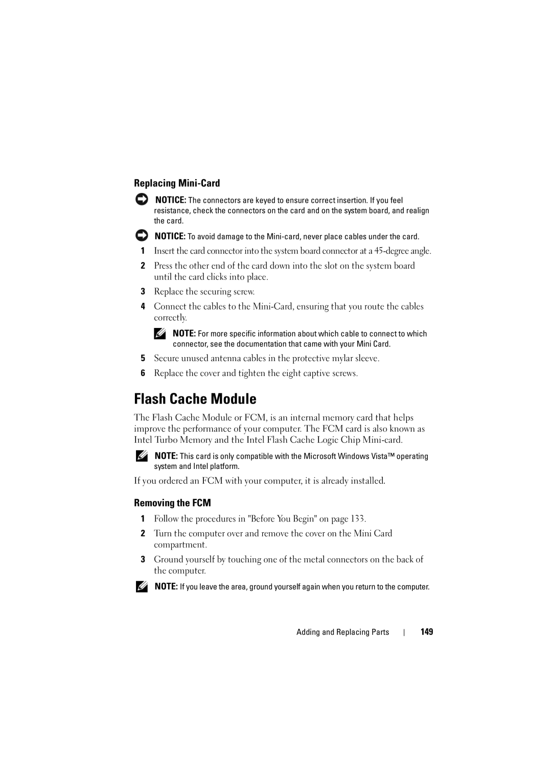 Dell 1526, 1525 owner manual Flash Cache Module, Replacing Mini-Card, Removing the FCM, 149 