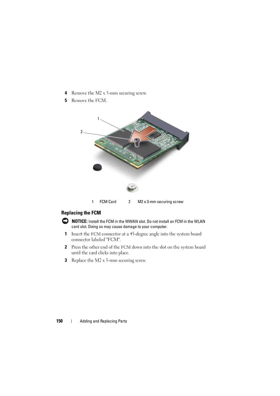 Dell 1525, 1526 owner manual Replacing the FCM, Remove the M2 x 3-mm securing screw Remove the FCM 