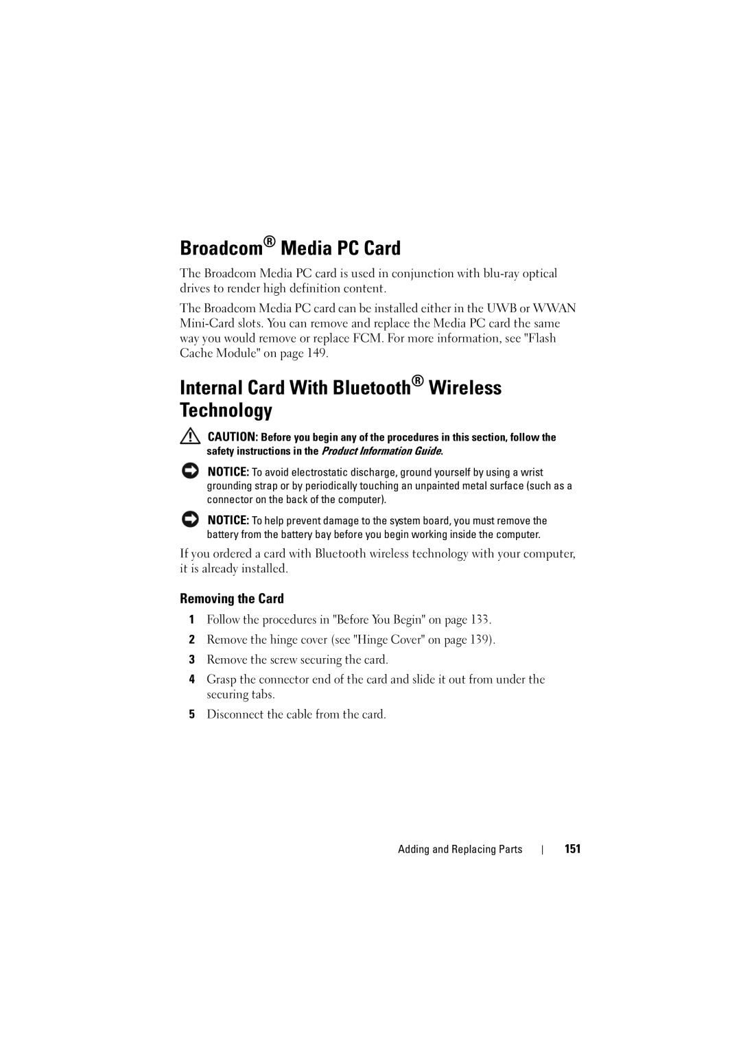 Dell 1526, 1525 Broadcom Media PC Card, Internal Card With Bluetooth Wireless Technology, Removing the Card, 151 