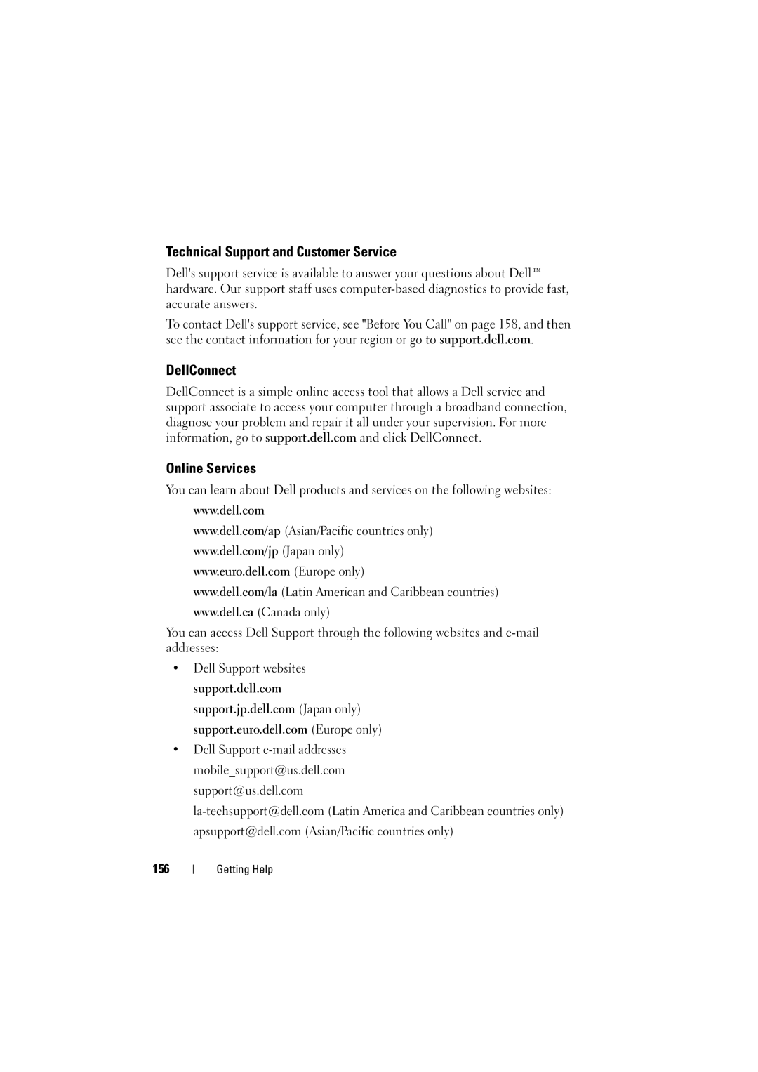 Dell 1525, 1526 owner manual Technical Support and Customer Service, DellConnect Online Services, 156 