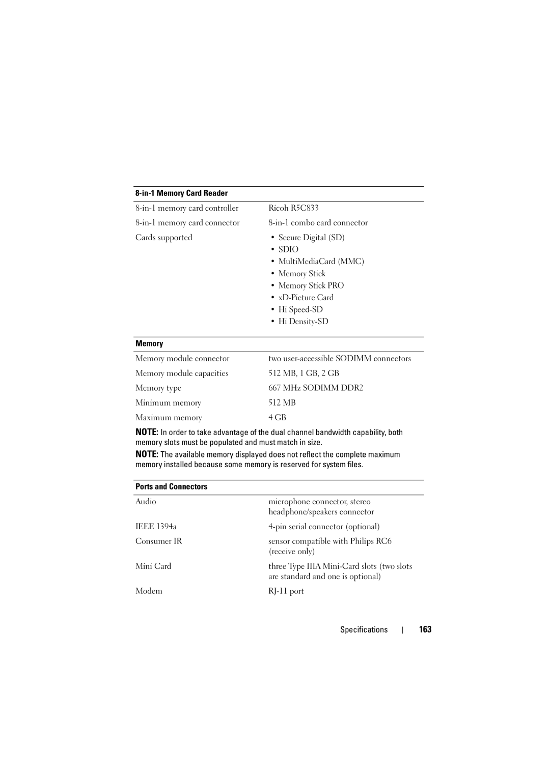 Dell 1526, 1525 owner manual 163, Sdio 