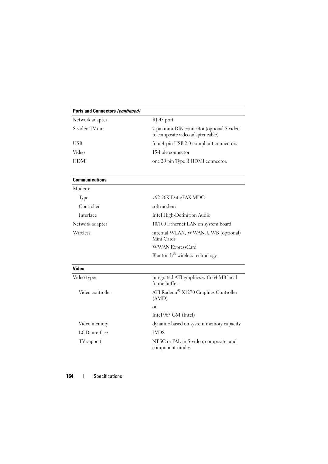 Dell 1525, 1526 owner manual 164, Hdmi 