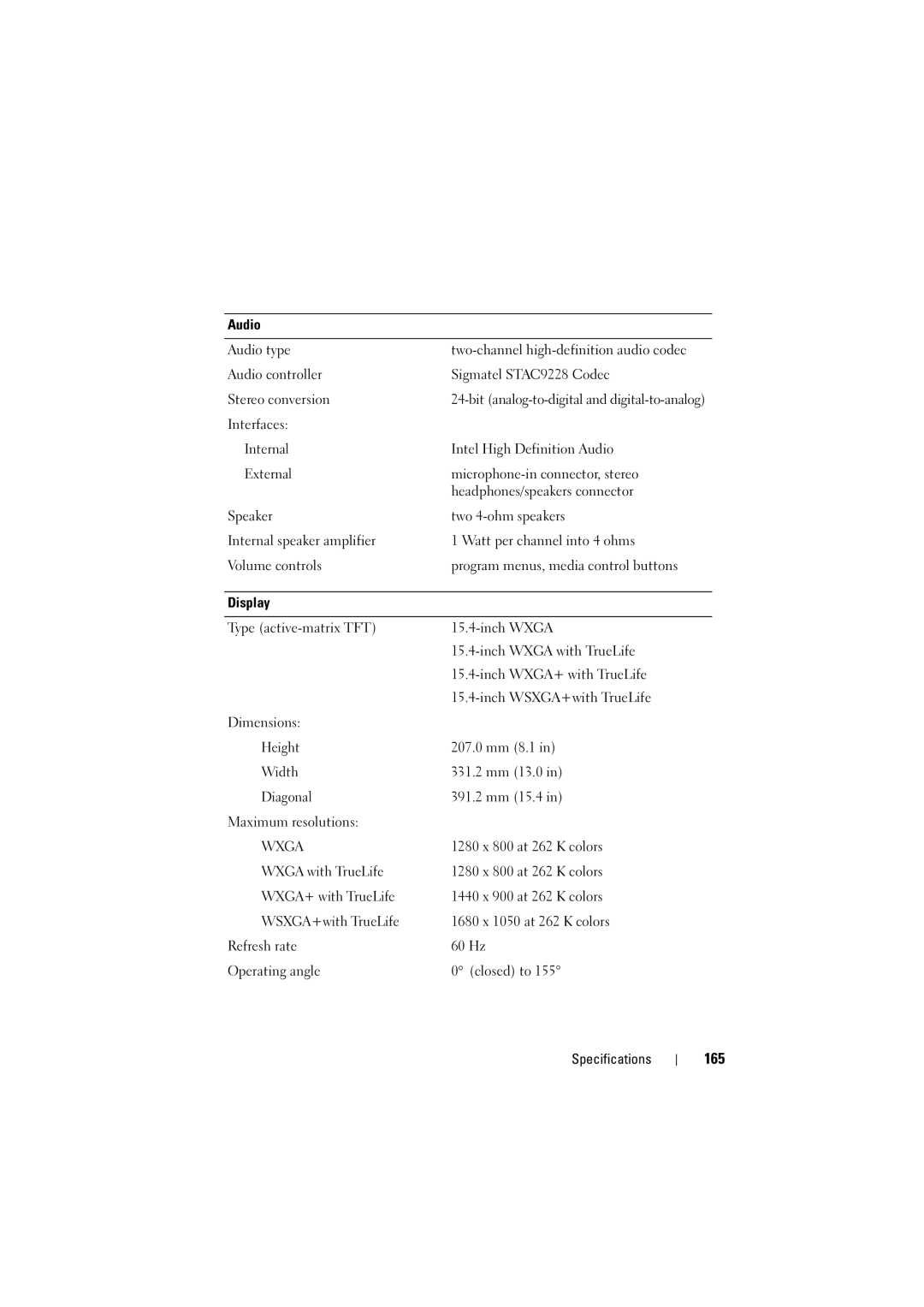 Dell 1526, 1525 owner manual 165, Wxga 