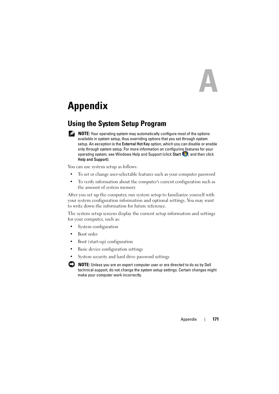 Dell 1526, 1525 owner manual Appendix, Using the System Setup Program, 171 