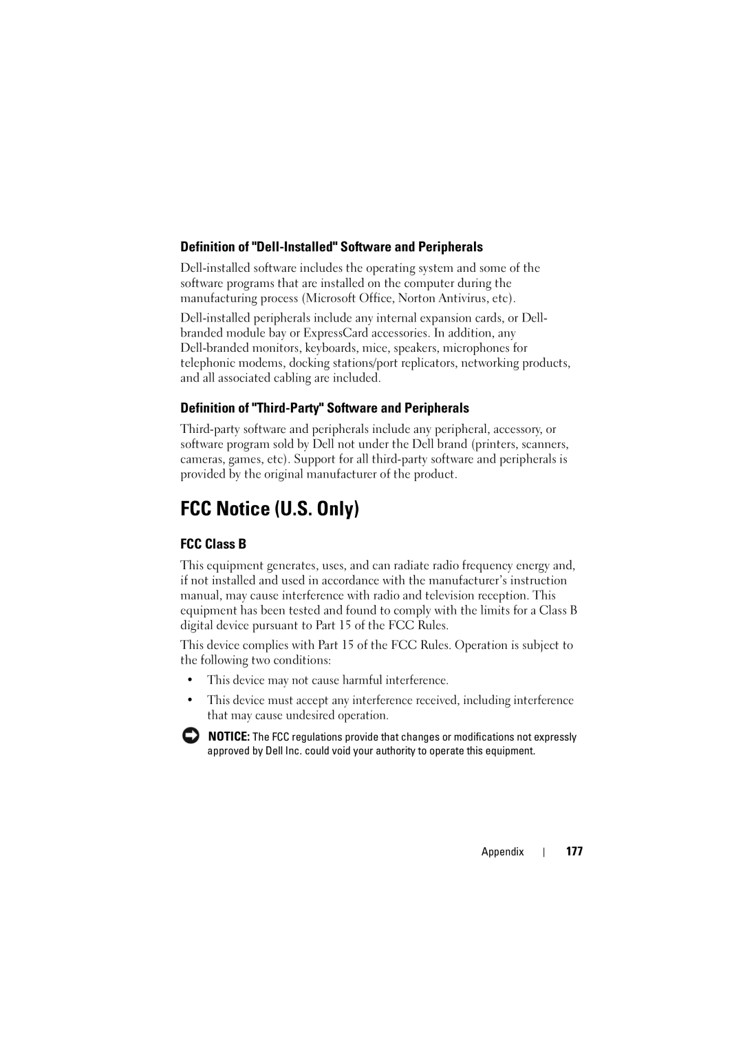 Dell 1526, 1525 owner manual FCC Notice U.S. Only, Definition of Dell-Installed Software and Peripherals, FCC Class B, 177 