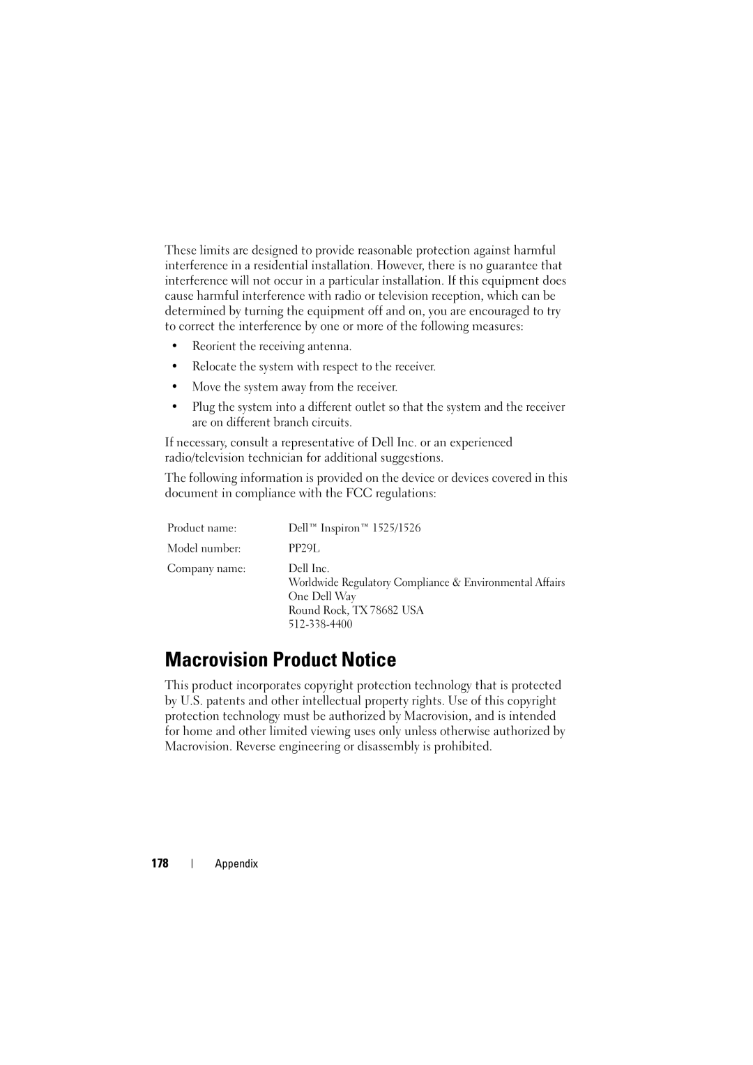 Dell 1525, 1526 owner manual Macrovision Product Notice, 178 