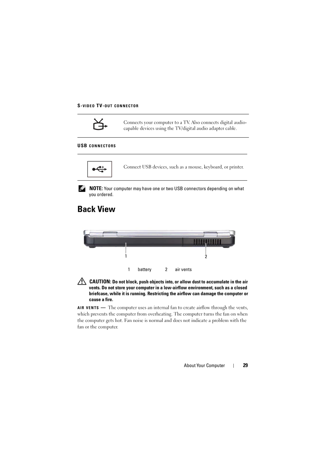 Dell 1526, 1525 owner manual Back View, Battery Air vents 