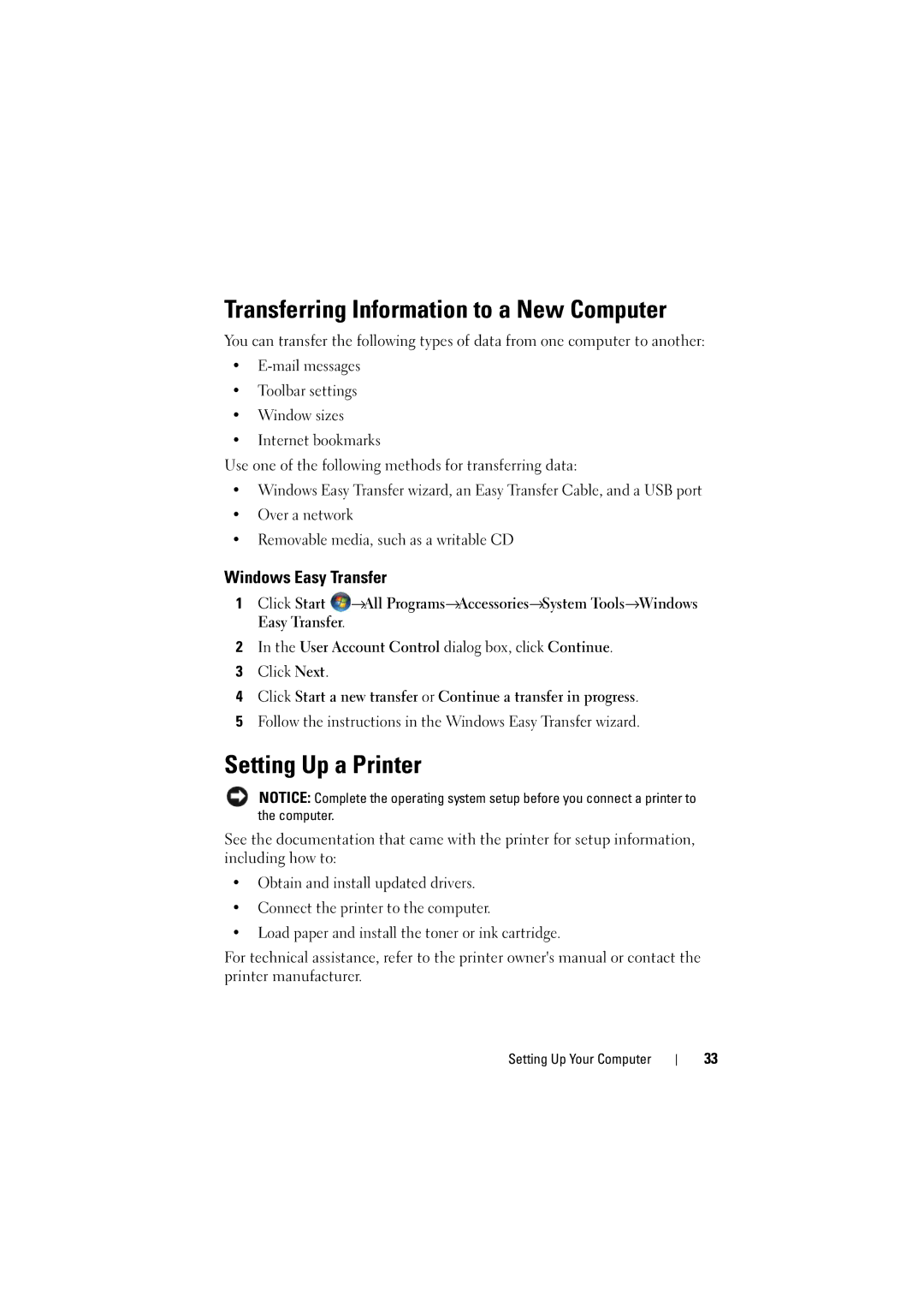 Dell 1526, 1525 owner manual Transferring Information to a New Computer, Setting Up a Printer, Windows Easy Transfer 