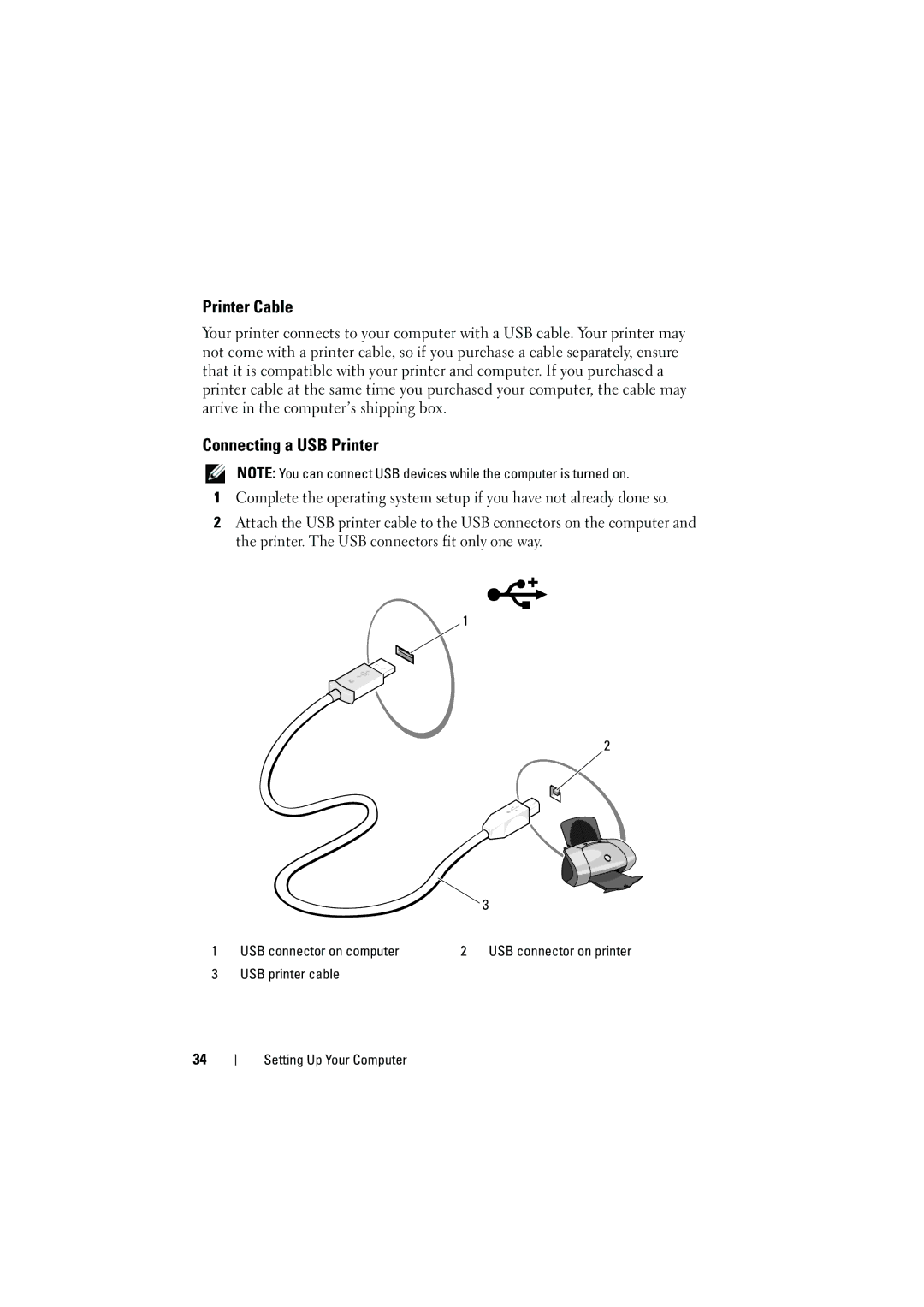 Dell 1525, 1526 owner manual Printer Cable, Connecting a USB Printer 