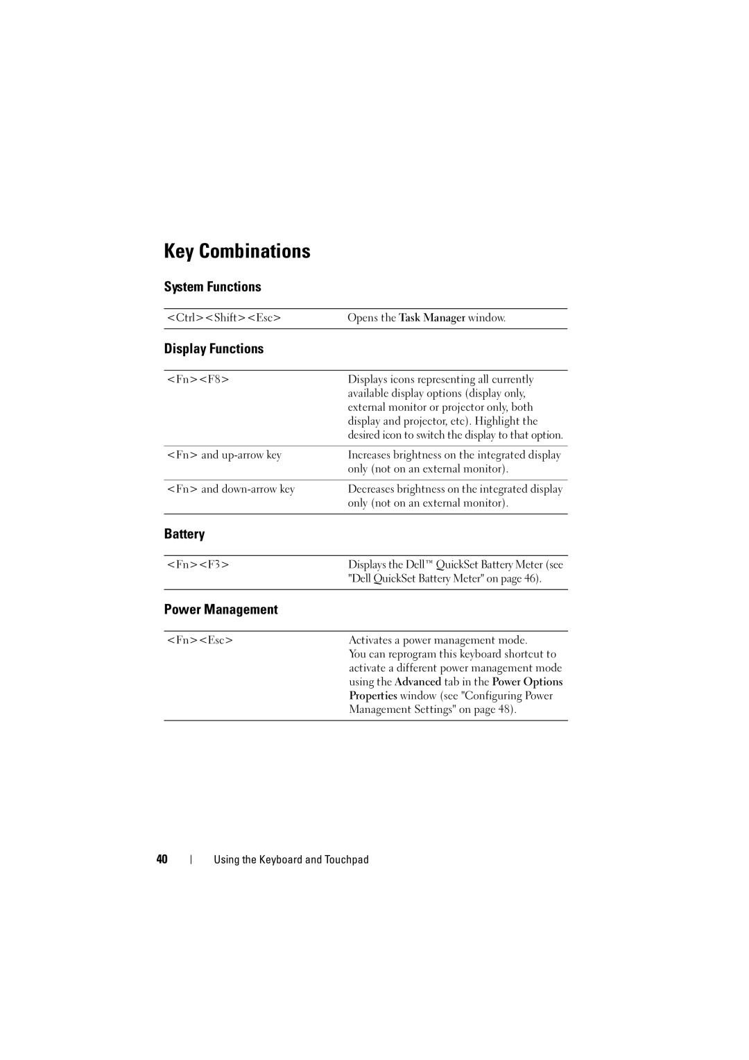 Dell 1525, 1526 owner manual Key Combinations, System Functions, Display Functions, Battery, Power Management 