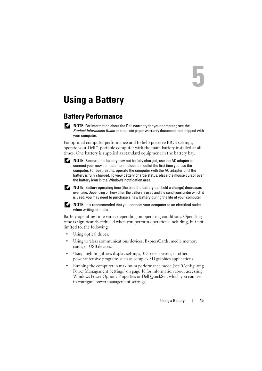 Dell 1526, 1525 owner manual Using a Battery, Battery Performance 