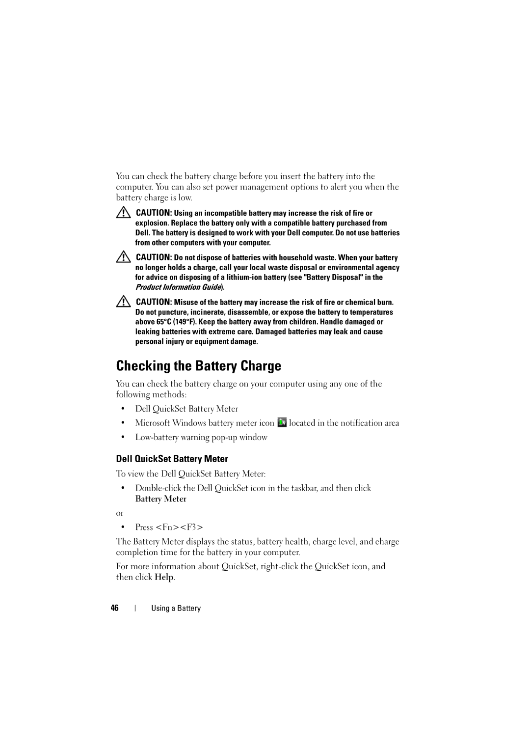 Dell 1525, 1526 owner manual Checking the Battery Charge, Dell QuickSet Battery Meter 