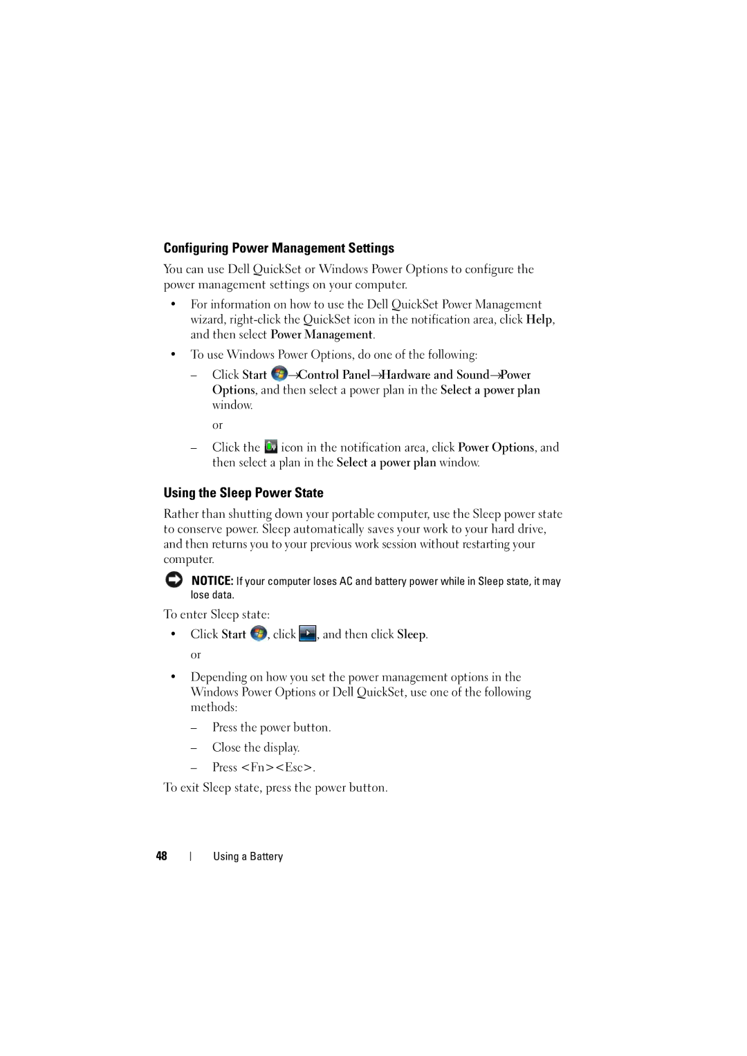 Dell 1525, 1526 owner manual Configuring Power Management Settings, Using the Sleep Power State 