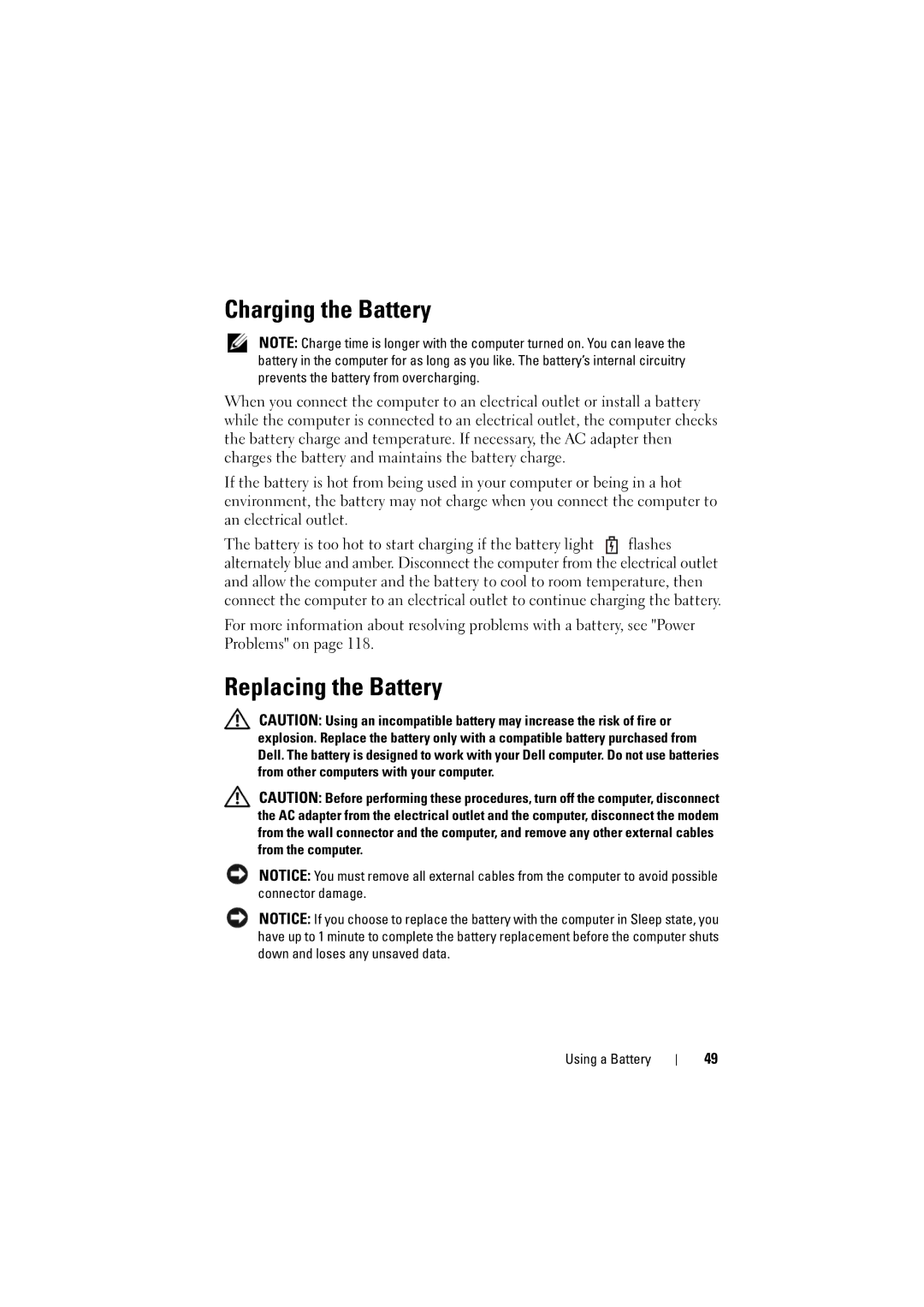 Dell 1526, 1525 owner manual Charging the Battery, Replacing the Battery 