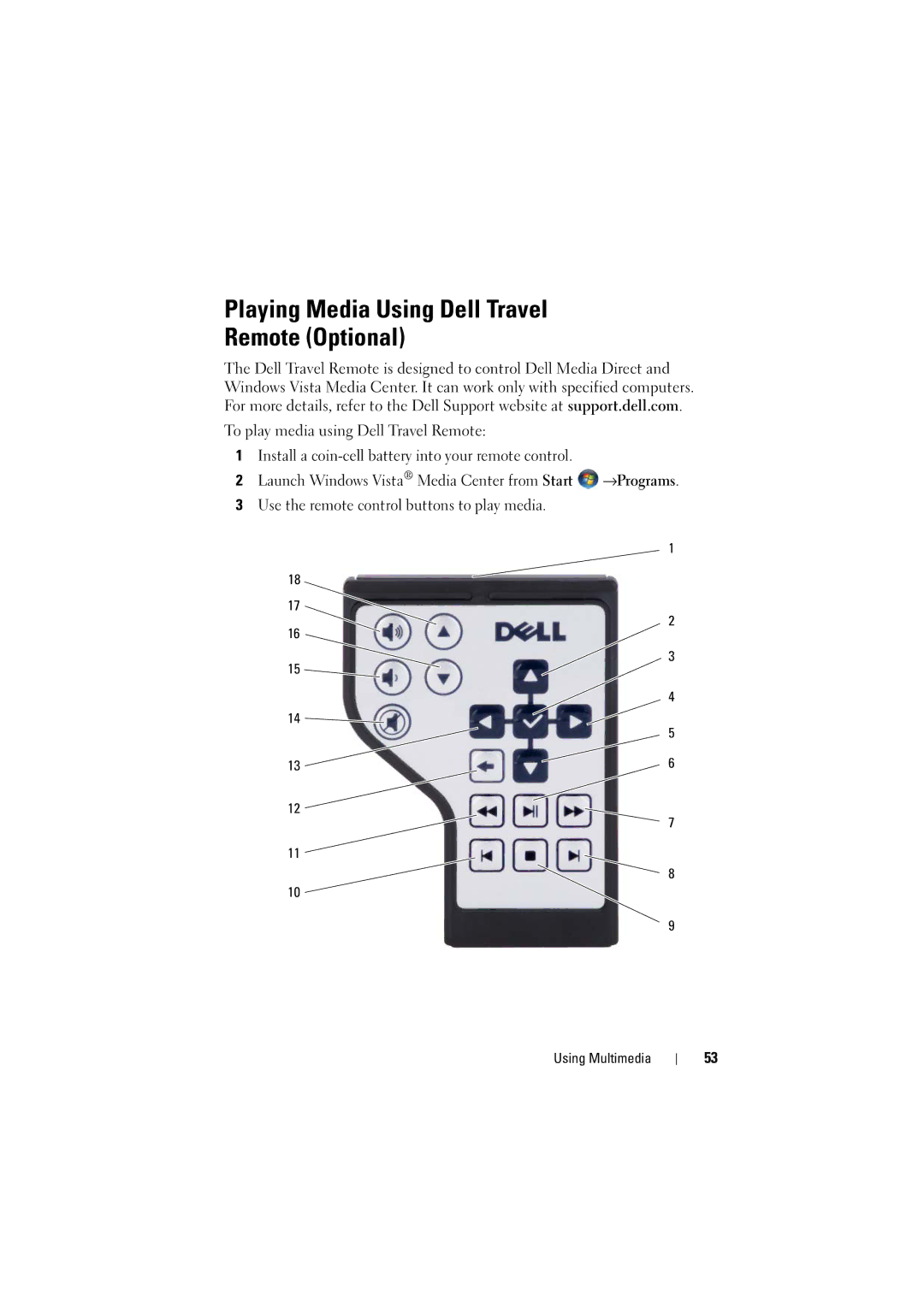 Dell 1526, 1525 owner manual Playing Media Using Dell Travel Remote Optional 