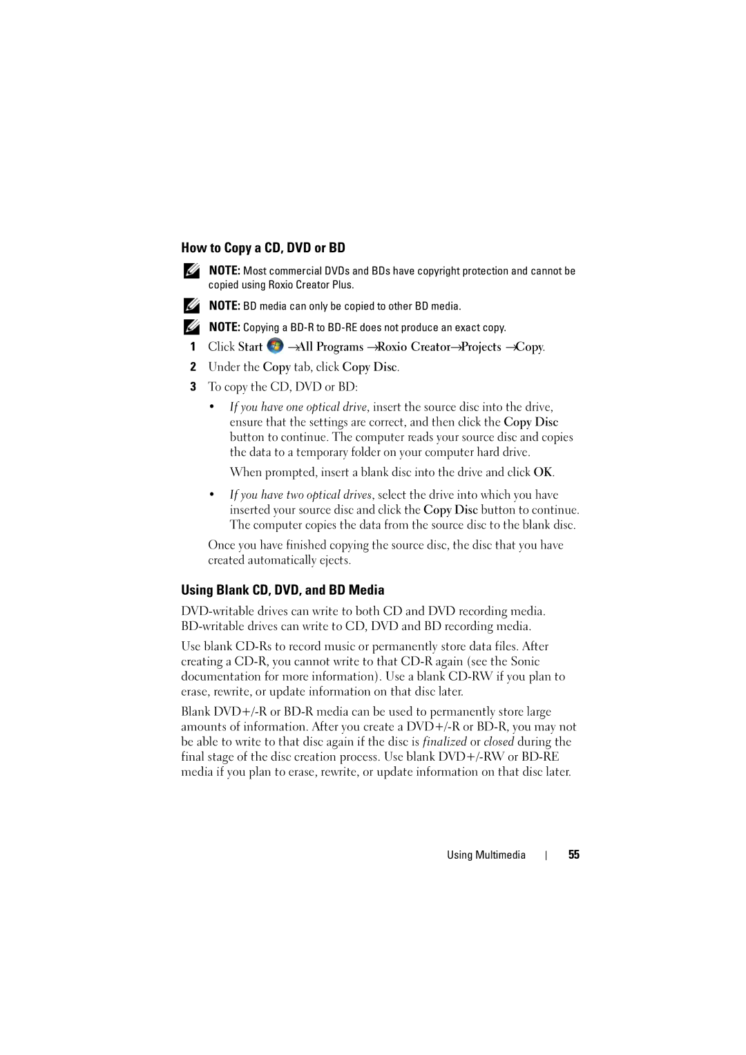 Dell 1526, 1525 owner manual How to Copy a CD, DVD or BD, Using Blank CD, DVD, and BD Media 