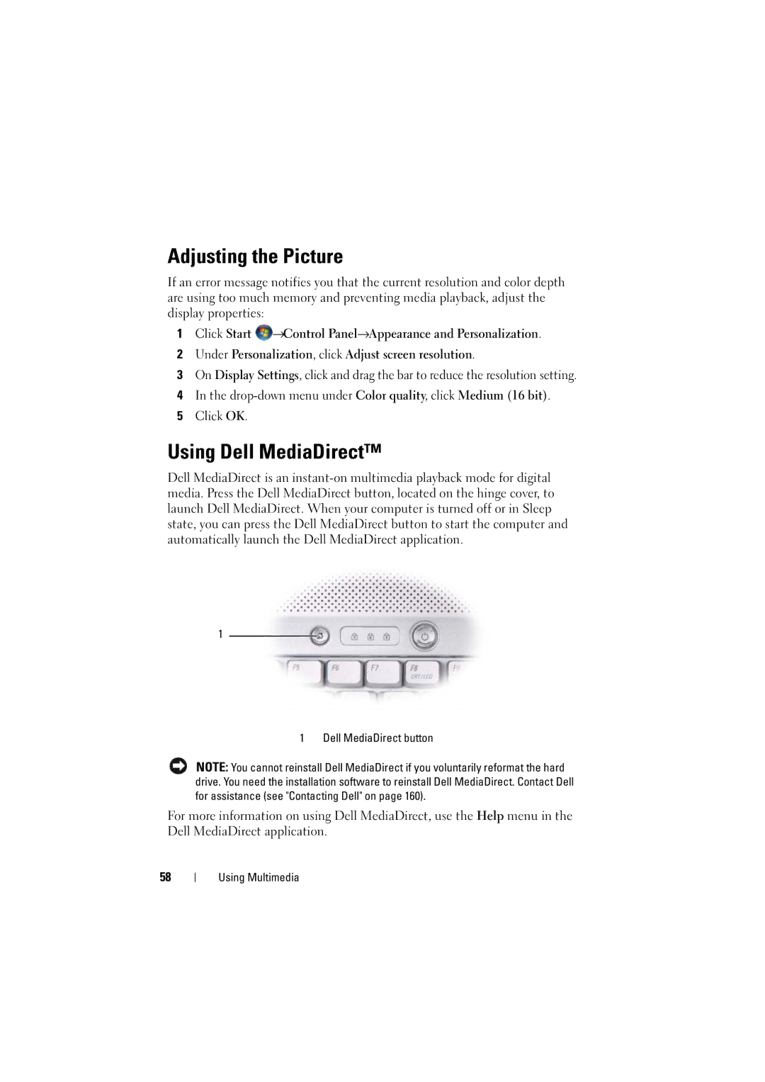 Dell 1525, 1526 owner manual Adjusting the Picture, Using Dell MediaDirect 