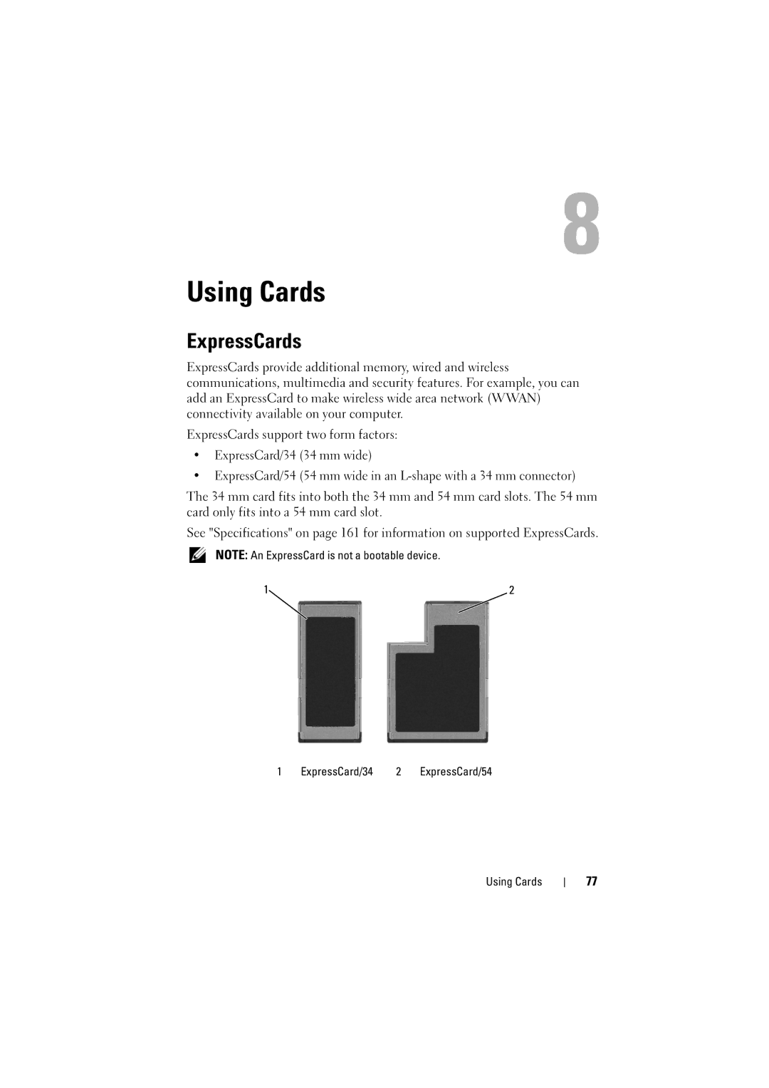 Dell 1526, 1525 owner manual Using Cards, ExpressCards 