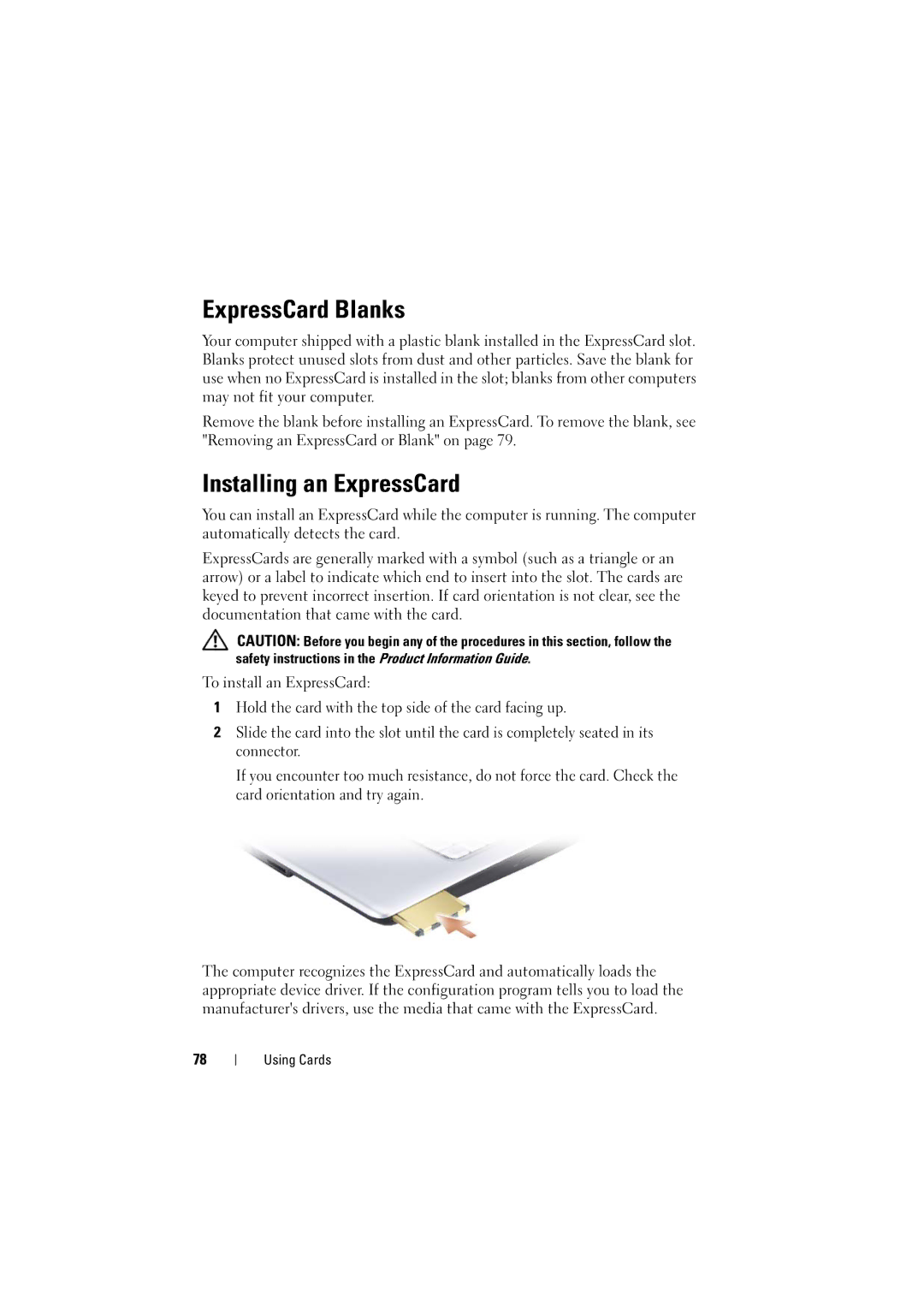 Dell 1525, 1526 owner manual ExpressCard Blanks, Installing an ExpressCard 