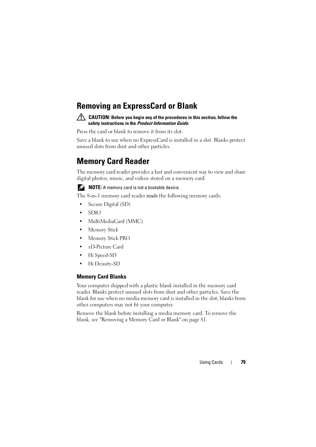 Dell 1526, 1525 owner manual Removing an ExpressCard or Blank, Memory Card Reader, Memory Card Blanks, Secure Digital SD 