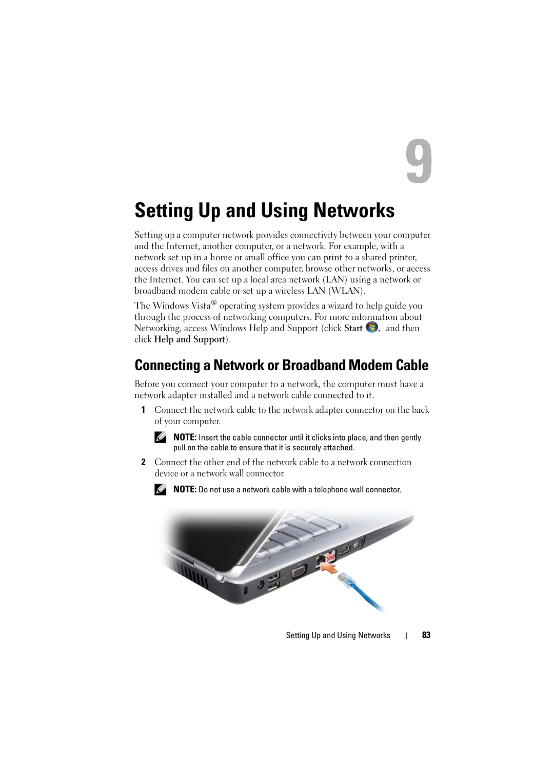 Dell 1526, 1525 owner manual Setting Up and Using Networks, Connecting a Network or Broadband Modem Cable 