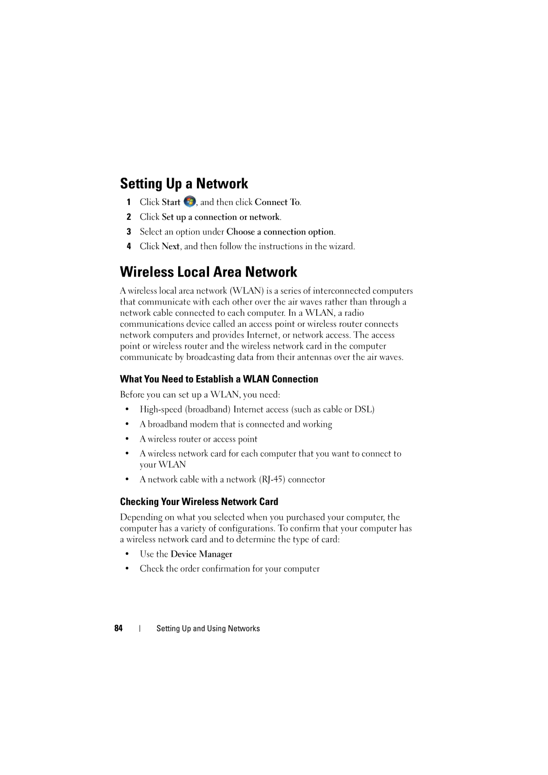 Dell 1525, 1526 owner manual Setting Up a Network, Wireless Local Area Network, What You Need to Establish a Wlan Connection 