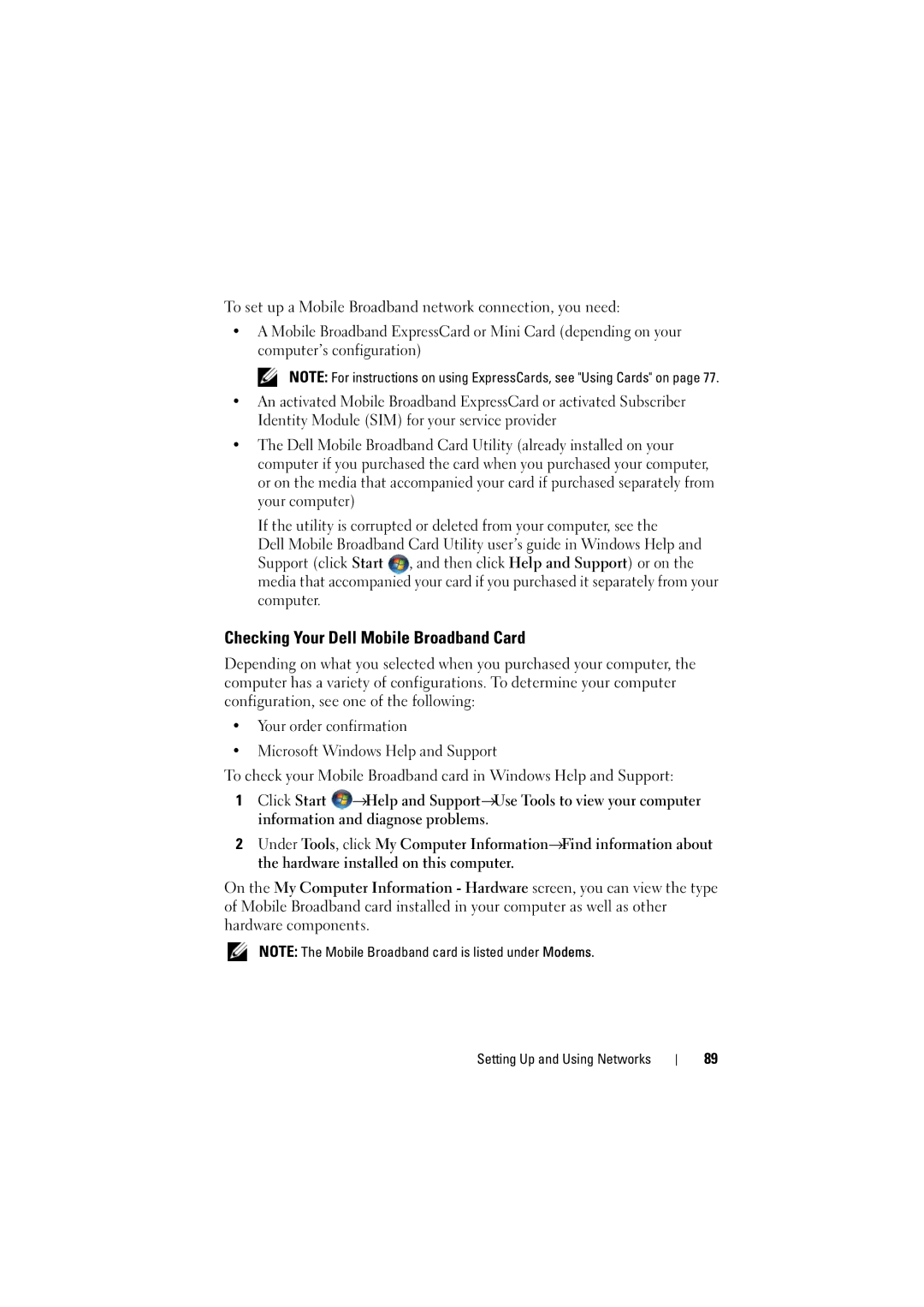 Dell 1526, 1525 Checking Your Dell Mobile Broadband Card, Your order confirmation Microsoft Windows Help and Support 