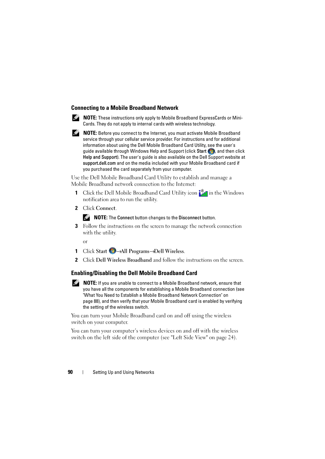 Dell 1525, 1526 owner manual Connecting to a Mobile Broadband Network, Enabling/Disabling the Dell Mobile Broadband Card 