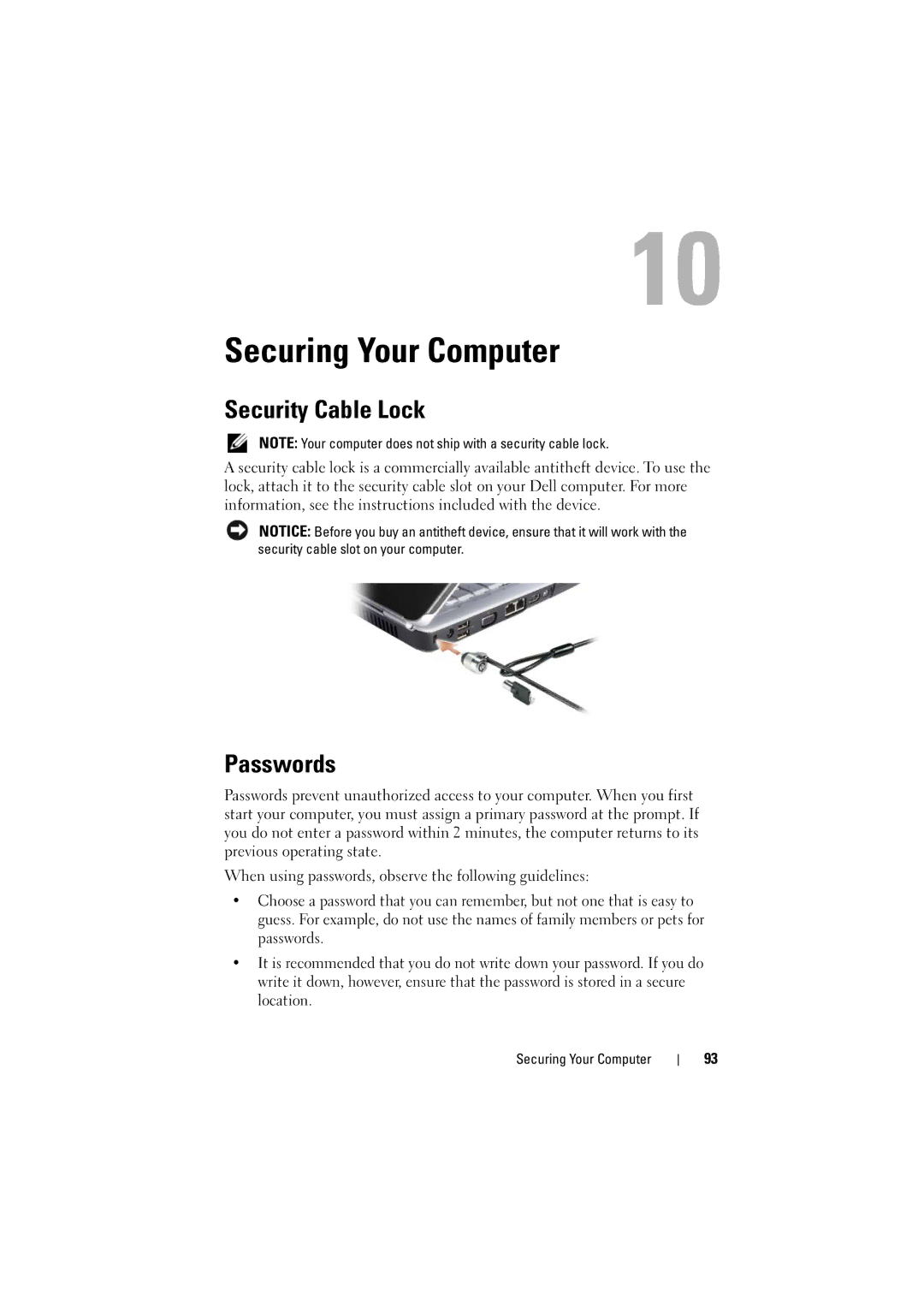 Dell 1526, 1525 owner manual Securing Your Computer, Security Cable Lock, Passwords 