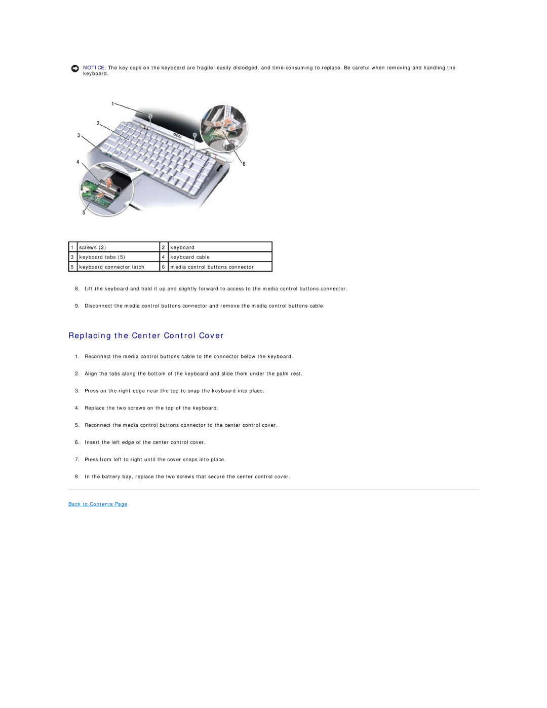 Dell 1525, 1526 manual Replacing the Center Control Cover 