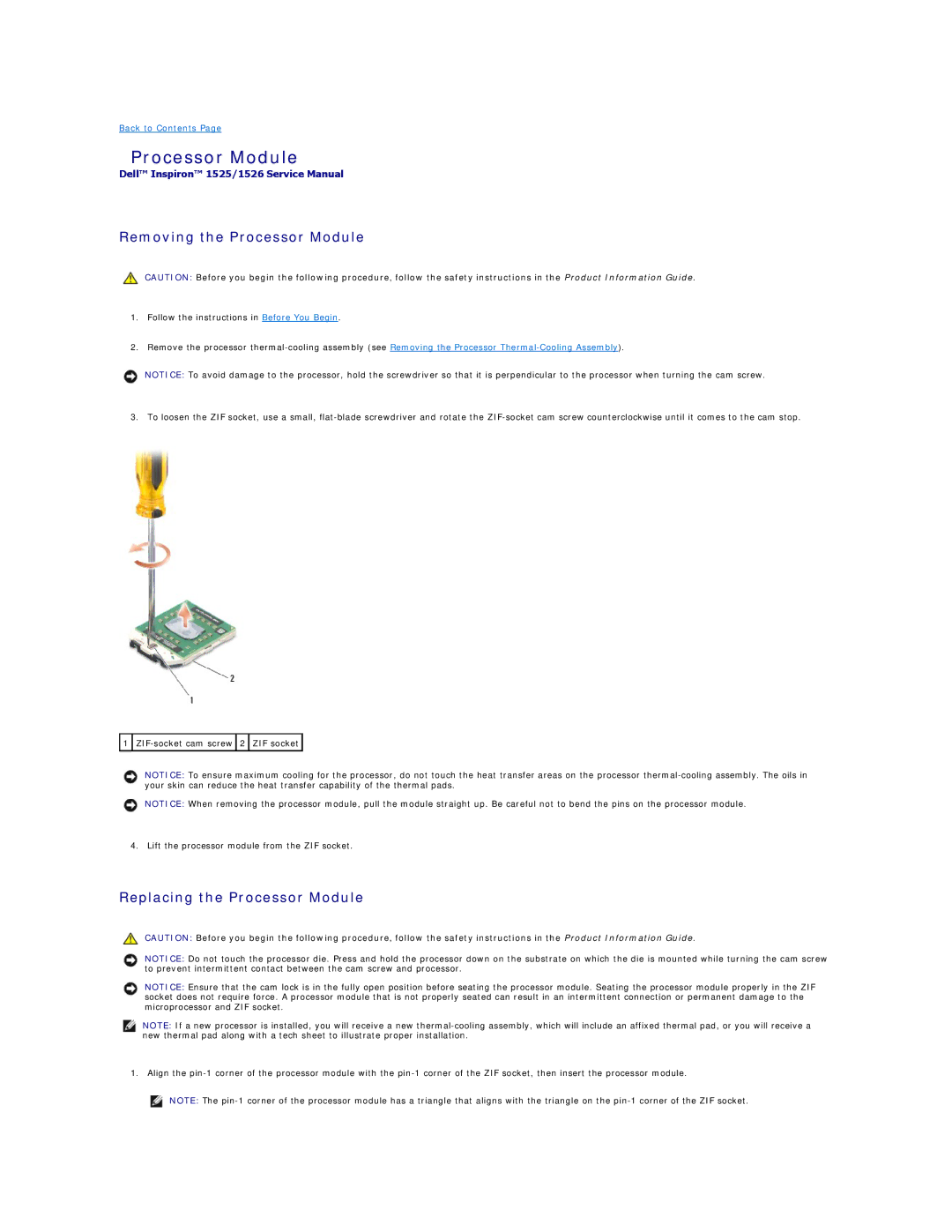 Dell 1526, 1525 manual Removing the Processor Module, Replacing the Processor Module 