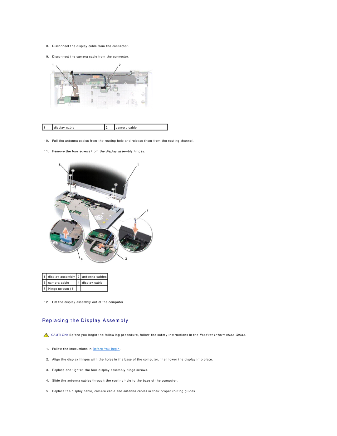 Dell 1525, 1526 manual Replacing the Display Assembly 