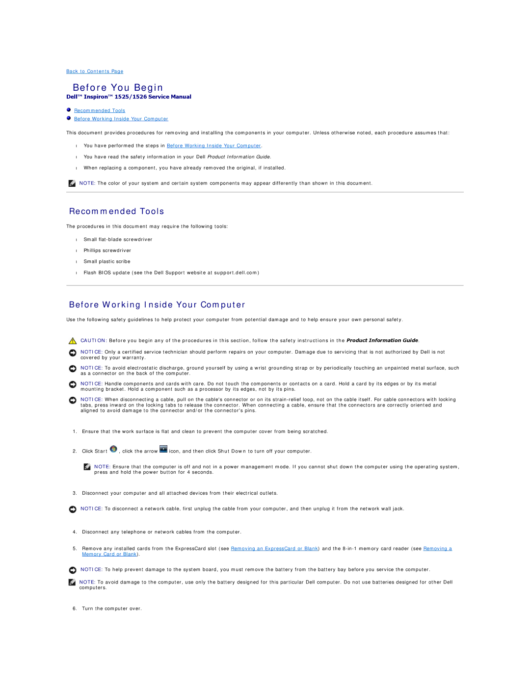 Dell 1525, 1526 manual Before You Begin, Recommended Tools, Before Working Inside Your Computer 