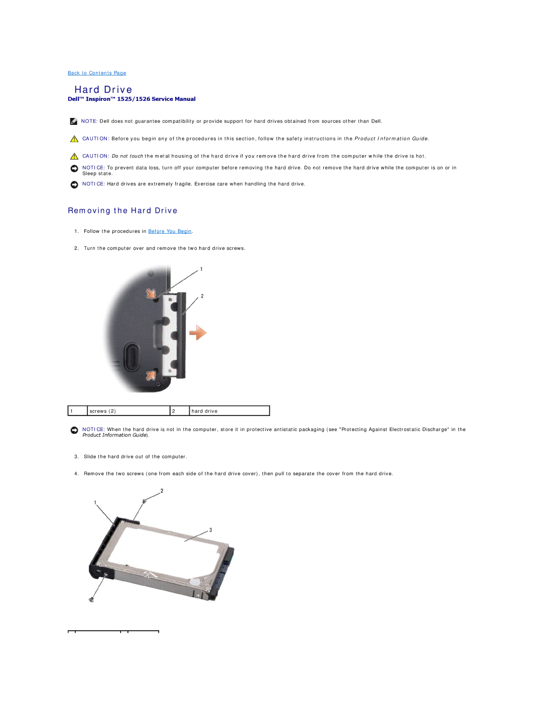 Dell 1526, 1525 manual Removing the Hard Drive 