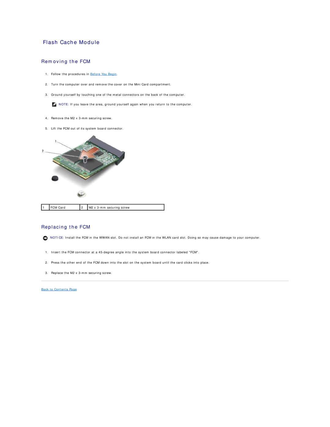 Dell 1526, 1525 manual Flash Cache Module, Removing the FCM, Replacing the FCM 