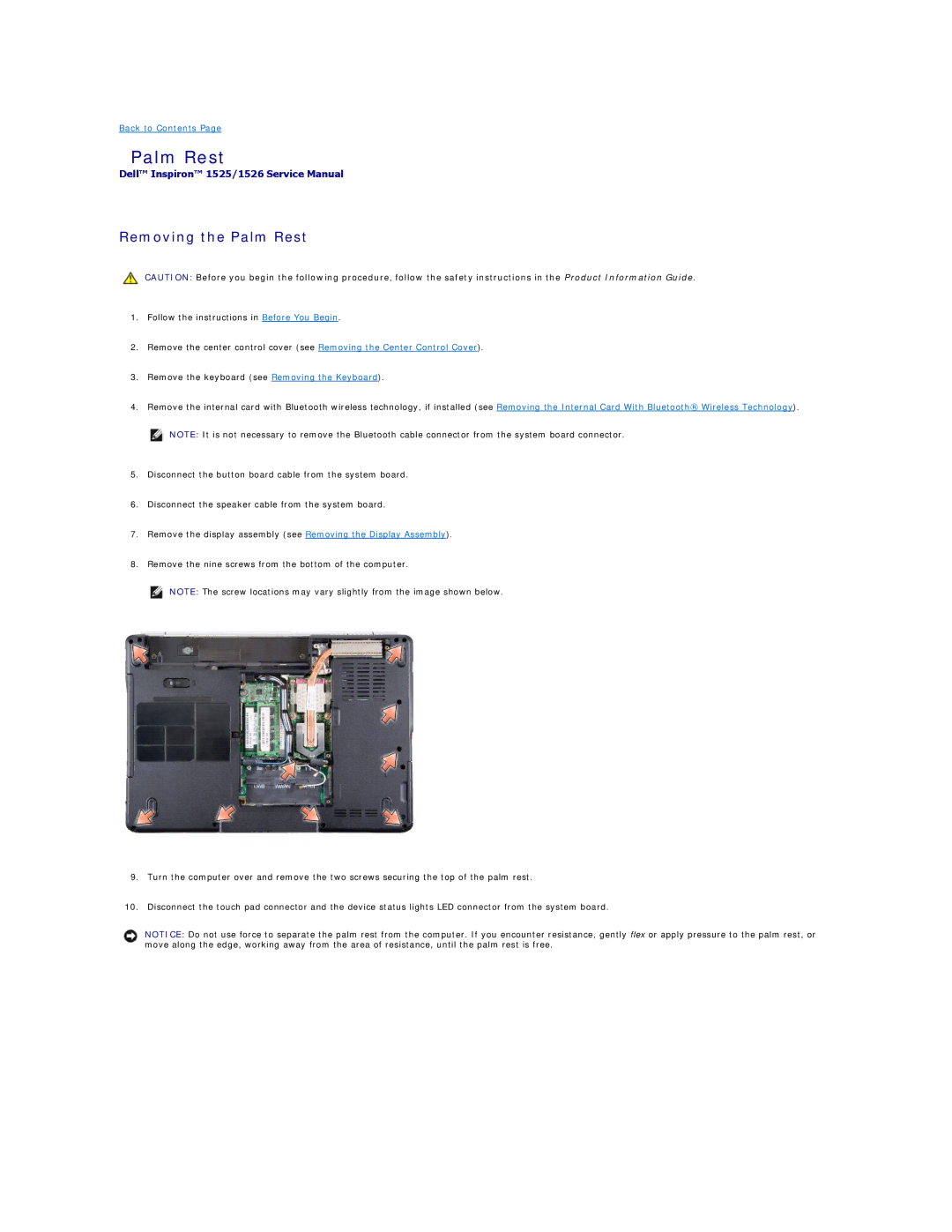 Dell 1526, 1525 manual Removing the Palm Rest 