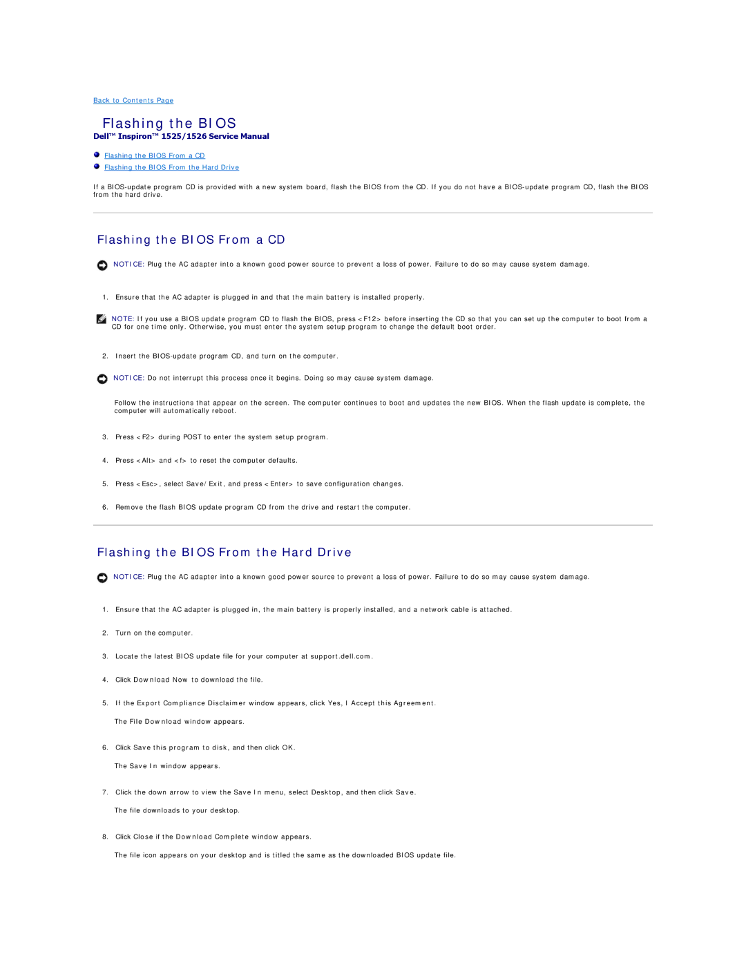 Dell 1525, 1526 manual Flashing the Bios From a CD, Flashing the Bios From the Hard Drive 