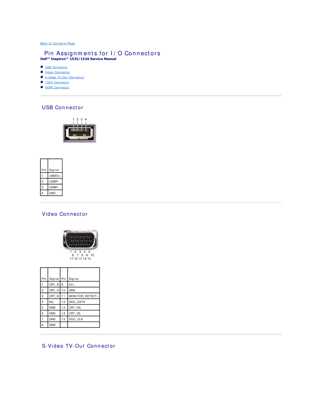 Dell 1525, 1526 manual Pin Assignments for I/O Connectors, USB Connector, Video Connector, Video TV-Out Connector 