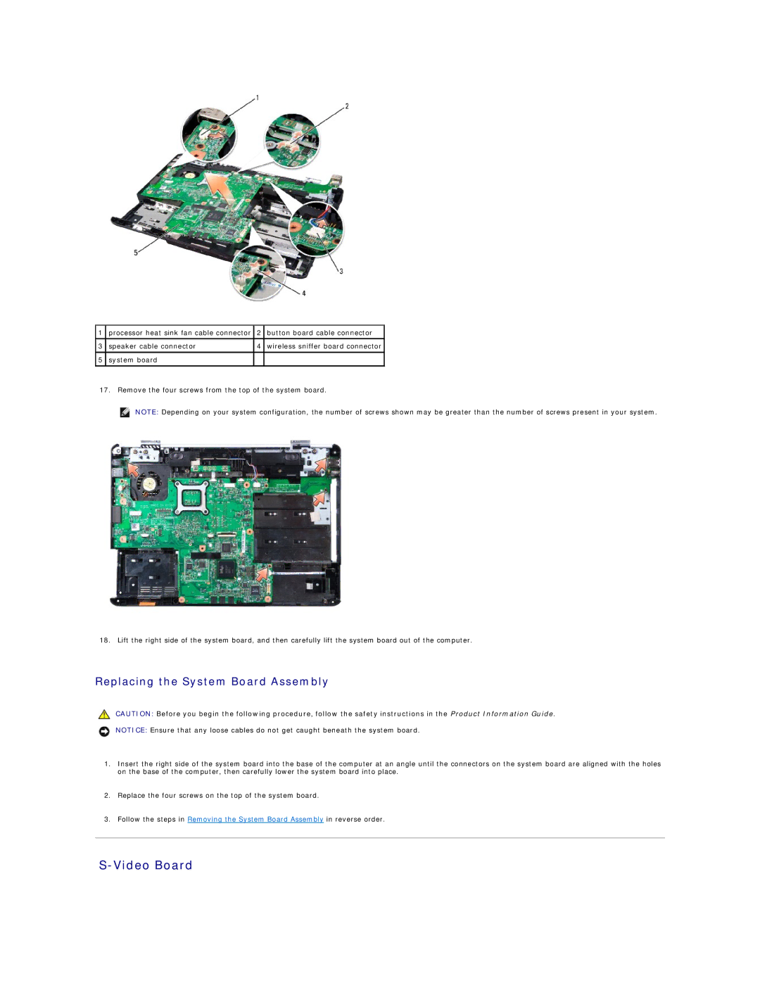 Dell 1526, 1525 manual Video Board, Replacing the System Board Assembly 