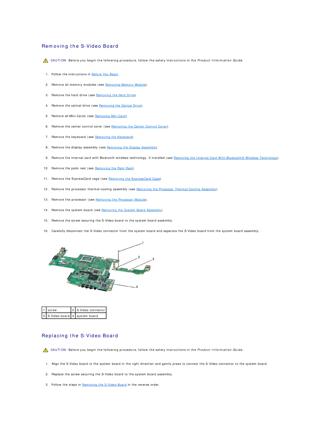 Dell 1525, 1526 manual Removing the S-Video Board, Replacing the S-Video Board 