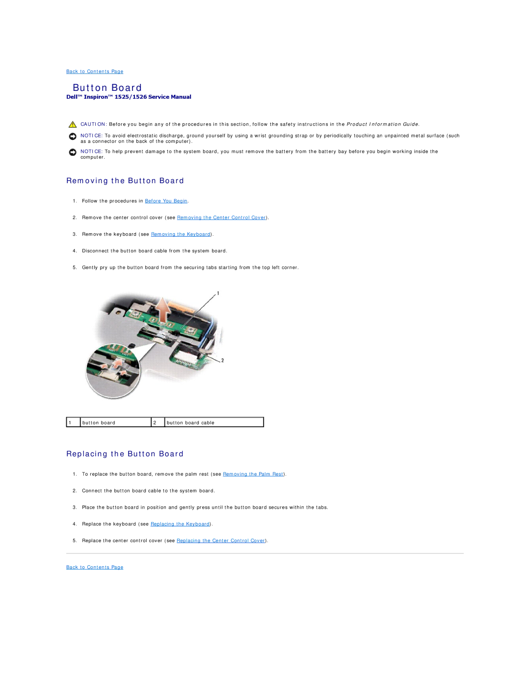 Dell 1526, 1525 manual Removing the Button Board, Replacing the Button Board 