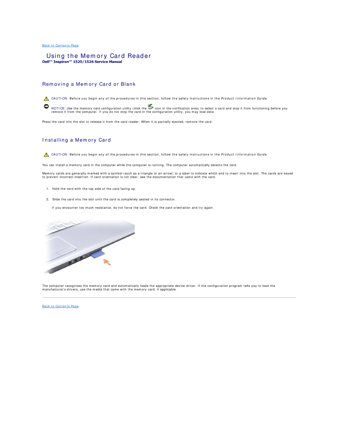 Dell 1525, 1526 manual Using the Memory Card Reader, Removing a Memory Card or Blank, Installing a Memory Card 