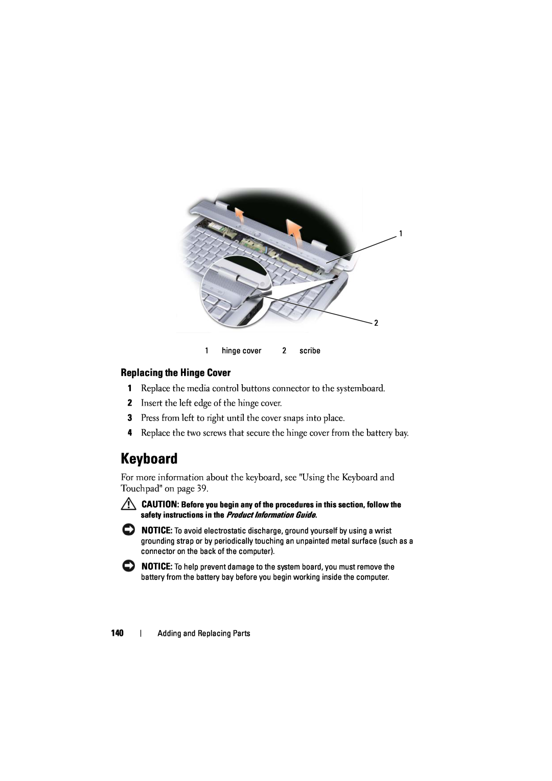 Dell 1525, 1526 owner manual Keyboard, Replacing the Hinge Cover 