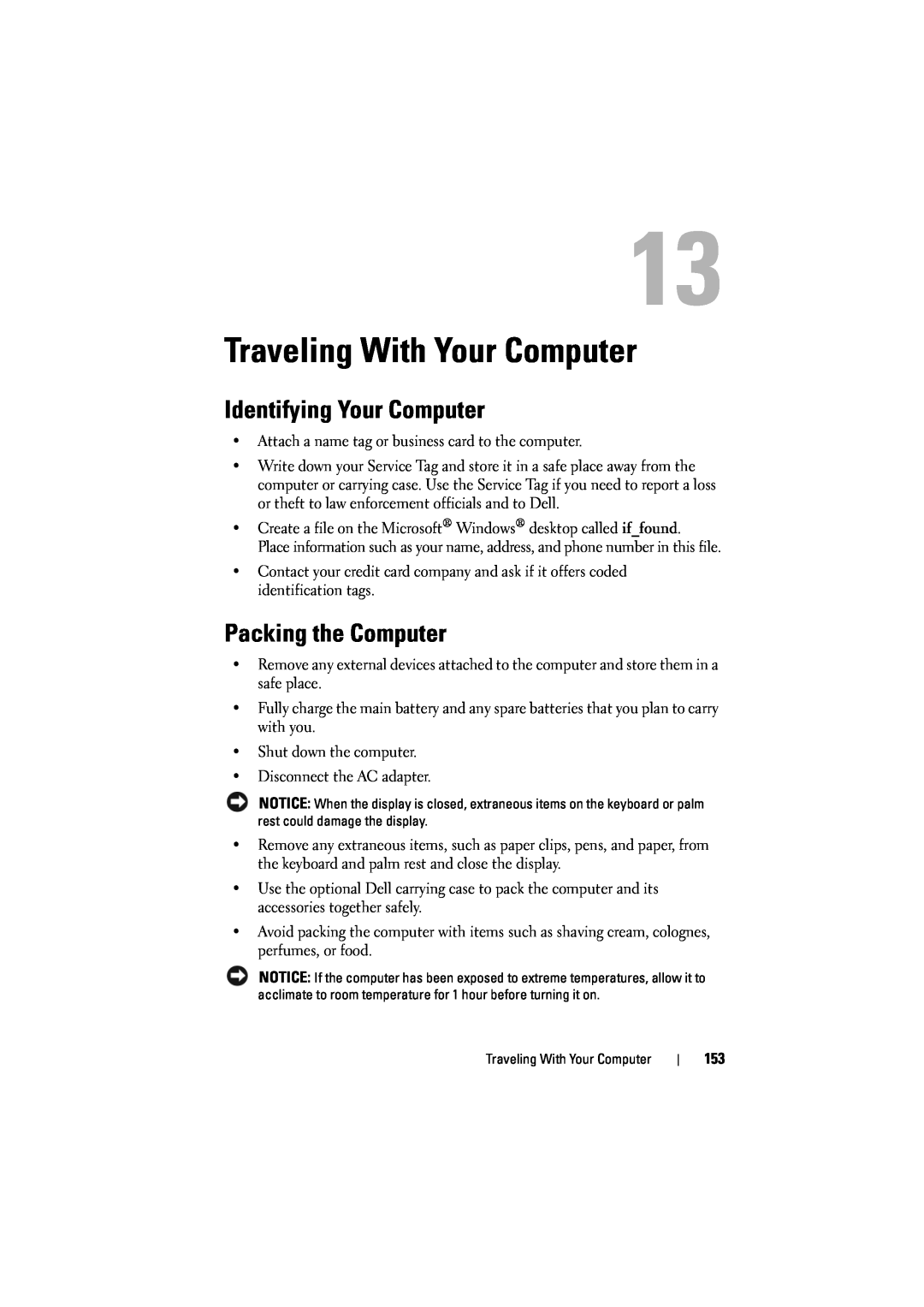Dell 1526, 1525 owner manual Traveling With Your Computer, Identifying Your Computer, Packing the Computer 