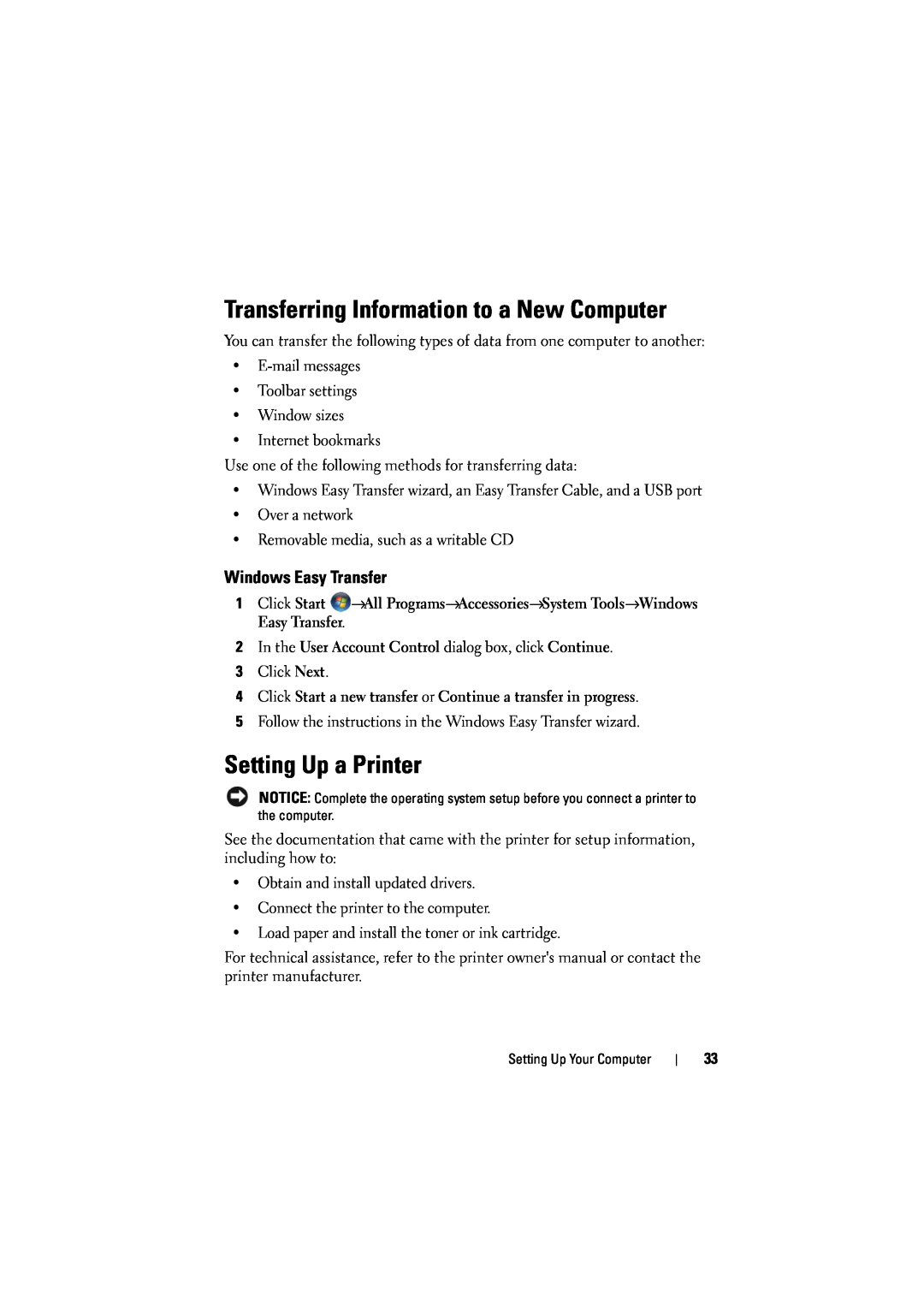 Dell 1526, 1525 owner manual Transferring Information to a New Computer, Setting Up a Printer, Windows Easy Transfer 