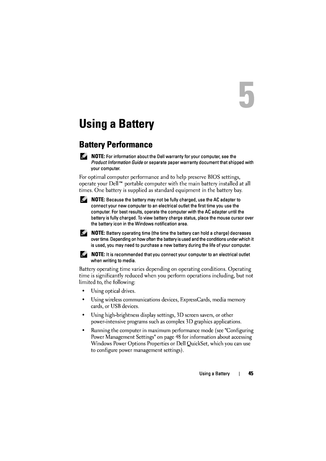 Dell 1526, 1525 owner manual Using a Battery, Battery Performance 